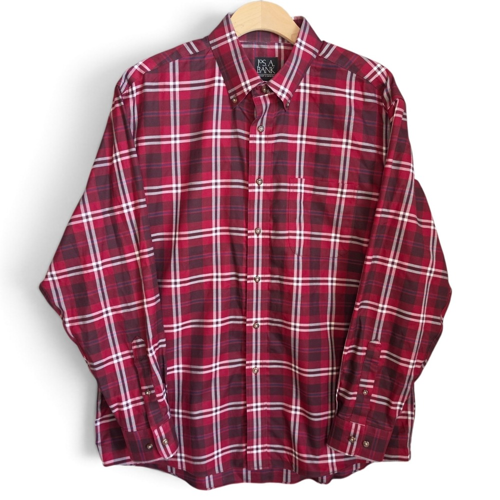 Jos A Bank Shirt Mens Large Red Plaid Travelers Collection Long Sleeve Button